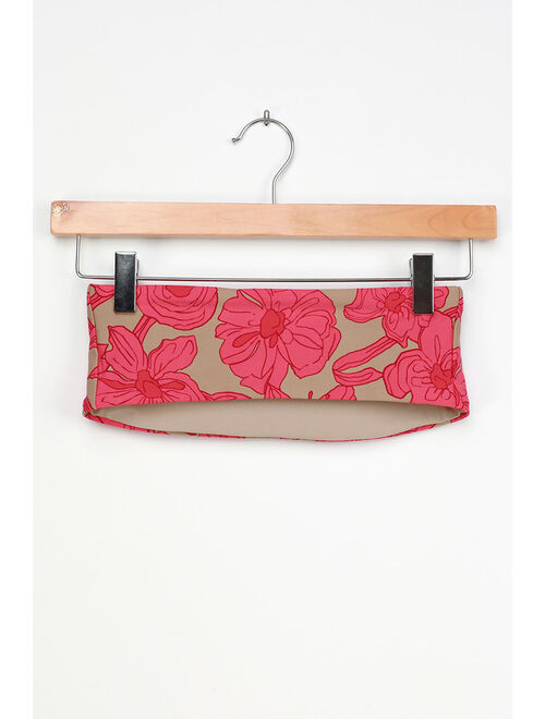 Lulus Set for Vacay Tan Floral Print Bandeau Bikini Top
