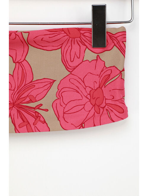 Lulus Set for Vacay Tan Floral Print Bandeau Bikini Top