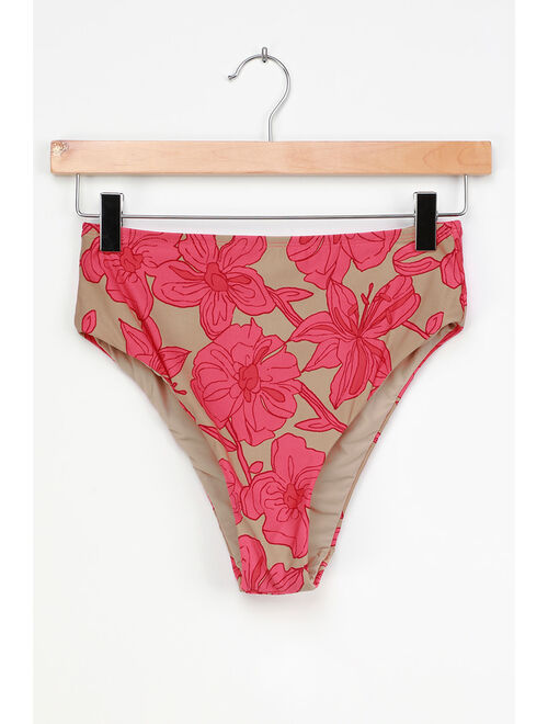 Lulus Set for Vacay Tan Floral Print High Waisted Bikini Bottoms