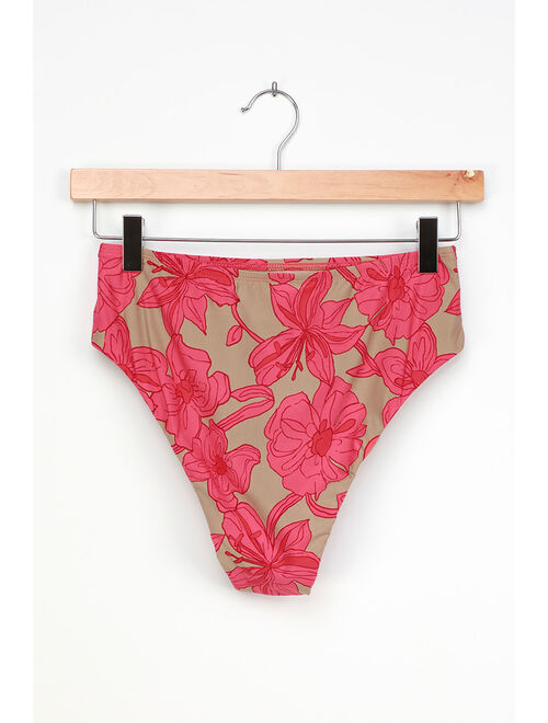 Lulus Set for Vacay Tan Floral Print High Waisted Bikini Bottoms