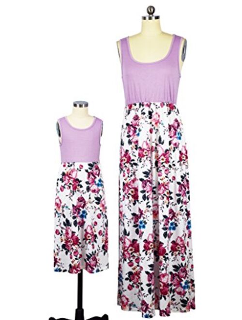 Qin.Orianna Mommy and Me Matching Maxi Dresses,Sleeveless Top Bohemia Floral Printed Matching Outfits with Pockets