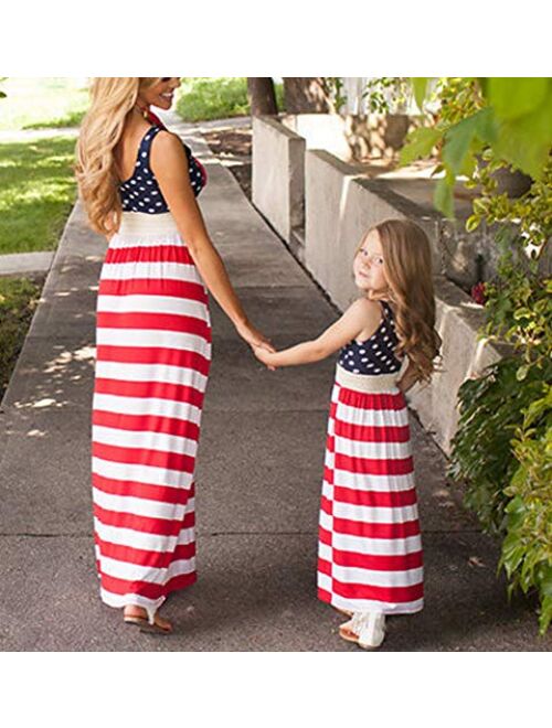 Qin.Orianna Mommy and Me 4th of July USA Flag Matching Maxi Dresses