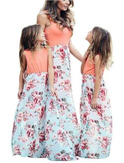 Qin.Orianna Mommy and Me Matching Maxi Dresses,Sleeveless Top Bohemia Floral Printed Matching Outfits with Pockets