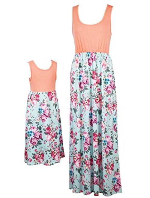 Qin.Orianna Mommy and Me Matching Maxi Dresses,Sleeveless Top Bohemia Floral Printed Matching Outfits with Pockets