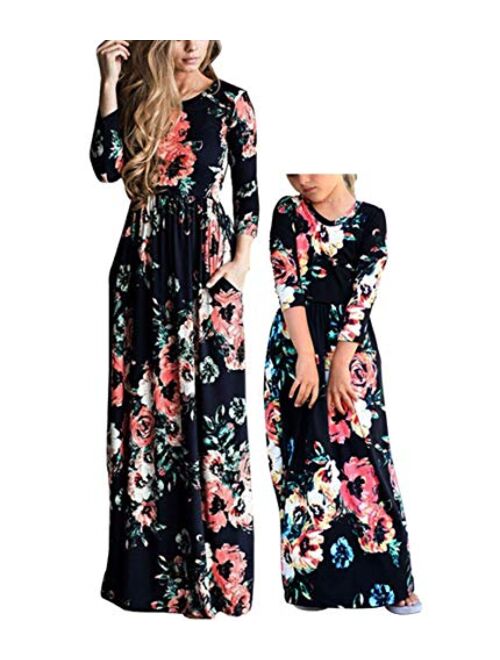Qin.Orianna Mommy and Me Maxi Dresses,3 4 Sleeve Bohemia Rose Floral Matching Outfits with Pocket