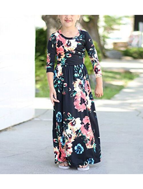 Qin.Orianna Mommy and Me Maxi Dresses,3 4 Sleeve Bohemia Rose Floral Matching Outfits with Pocket