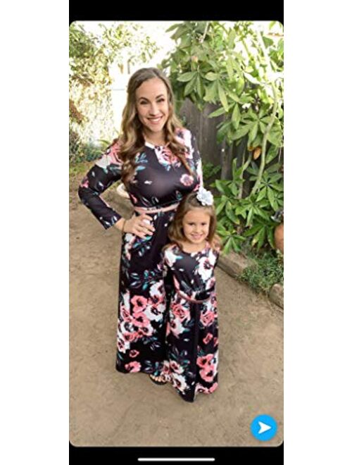 Qin.Orianna Mommy and Me Maxi Dresses,3 4 Sleeve Bohemia Rose Floral Matching Outfits with Pocket