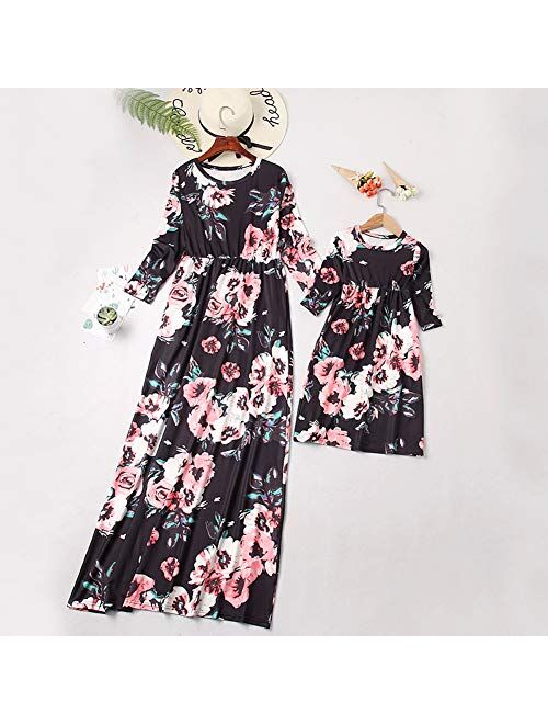 Qin.Orianna Mommy and Me Maxi Dresses,3 4 Sleeve Bohemia Rose Floral Matching Outfits with Pocket