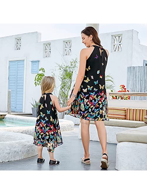 PopReal Mommy and Me Dresses Vintage Butterfly Floral Printed Spaghetti Straps V-Neck Beach Cami Dress 
