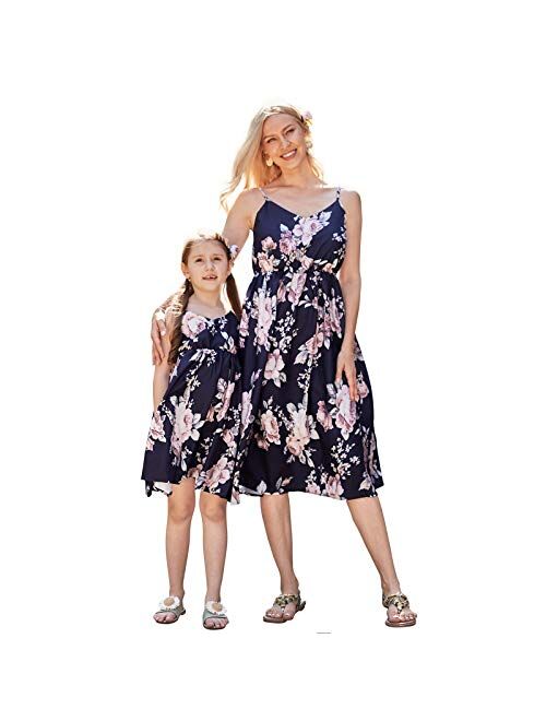 PopReal Mommy and Me Dresses Vintage Butterfly Floral Printed Spaghetti Straps V-Neck Beach Cami Dress