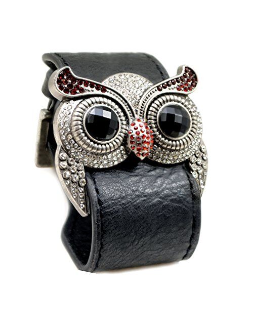 Accents Kingdom Silver Color Crystal Owl Leather Cuff Bracelet