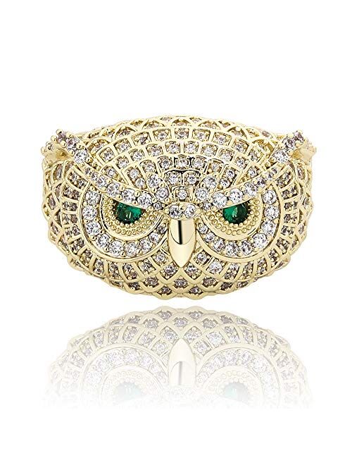 TOPGRILLZ 14K Gold or White Gold 6 Times Plated Owl Hip Hop Iced Out Lab Diamond 5A CZ Bling Fashion Ring for Men and Women Boys Jewelry Gift
