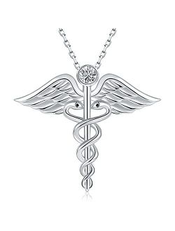 Sterling-Silver Angel Rod of Asclepius Necklace - Medicine Nursing Themed White Gold Snake Caduceus Pendant,Wing Nurse Medical Symbol Jewelry Gift for Graduation Medical 