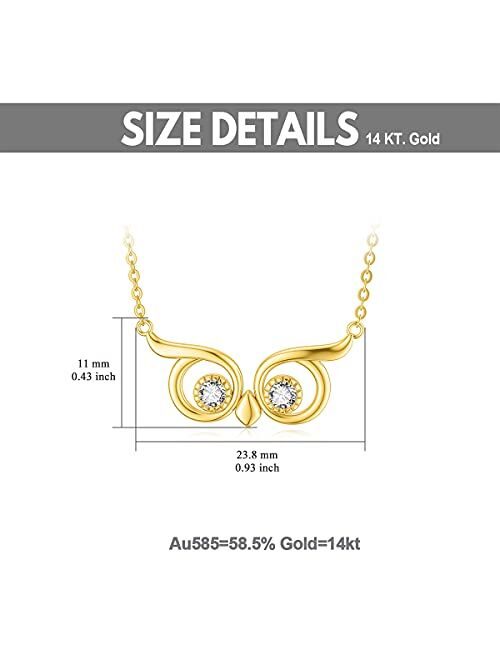 14K Solid Yellow Gold Owl Cute Pendant Necklace with Cubic Zircon Fine Jewelry Mothers Day Anniversary Birthday Gifts for Women Teen Girls Lover Wife Grandma,16+2 Inch
