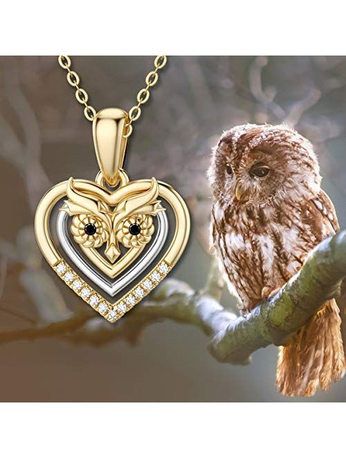 MOTIEL Heart Pendant Necklace Lovely Owl Promise Necklace 14k Yellow and White Gold Necklace Jewelry Gift for Mom Women Girls 16+1+1 Inches