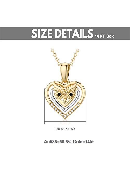 MOTIEL Heart Pendant Necklace Lovely Owl Promise Necklace 14k Yellow and White Gold Necklace Jewelry Gift for Mom Women Girls 16+1+1 Inches