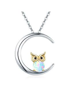 JUSTKIDSTOY Owl Necklace Sterling Silver Opal Owl Necklace Crescent Moon Pendant Owl Jewelry Gifts for Women Owl Lovers,for Mom Mother's Day