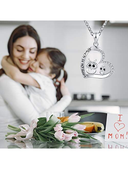 ACJFA Owl Necklaces for Women Girls 925 Sterling Silver Mother Daughter Cute Owl Always in My Heart Pendant Necklace Animal Jewelry for Birthday Mother's Day Gift