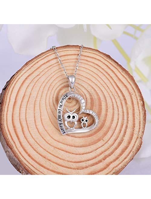 ACJFA Owl Necklaces for Women Girls 925 Sterling Silver Mother Daughter Cute Owl Always in My Heart Pendant Necklace Animal Jewelry for Birthday Mother's Day Gift
