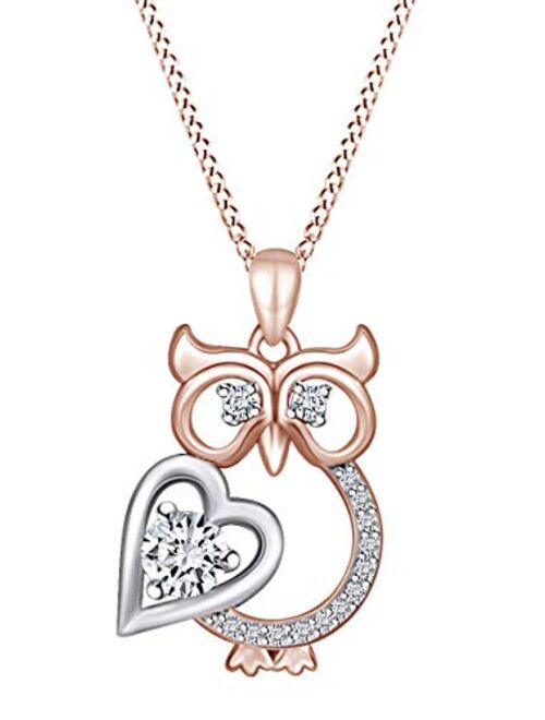 AFFY Mother's Day Jewelry Gift Two Tone Owl with Heart Pendant Necklace in 14k Gold Plated 925 Sterling Silver with 18" Chain