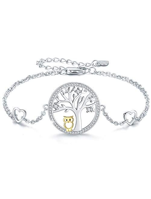 MEDWISE Women Tree of life Owl Wisdom Bracelet 925 Sterling Silver Adjustable Bracelet Charm Chain Jewelry Gifts for Her