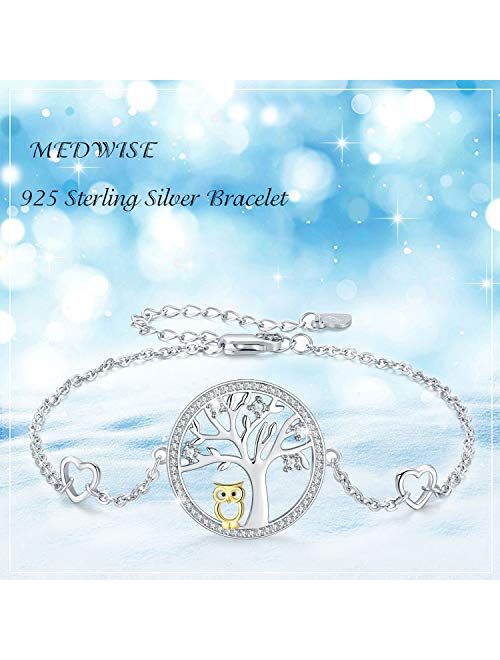 MEDWISE Women Tree of life Owl Wisdom Bracelet 925 Sterling Silver Adjustable Bracelet Charm Chain Jewelry Gifts for Her