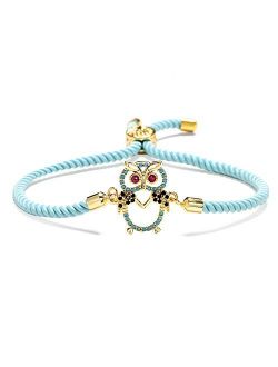 Trendy Blue Handmade Life Tree Rope String Bracelet Gold Cute Lovely Owl Charm Bracelet Turquoise Inlay Jewelry Female