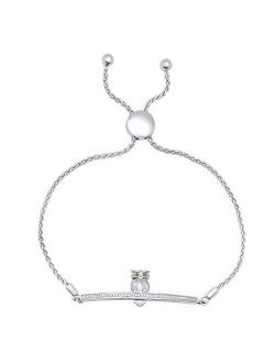 Collection Ladies Owl on Branch Bolo Bracelet with Round Diamond Accents, Sterling Silver