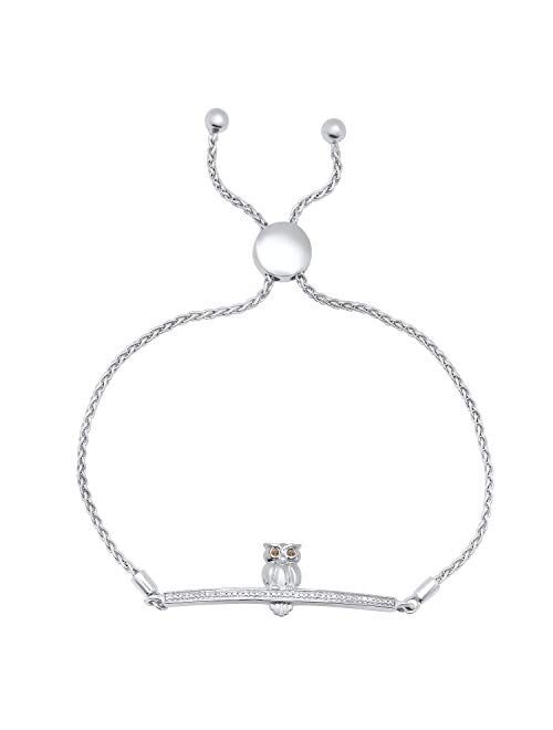 Dazzlingrock Collection Ladies Owl on Branch Bolo Bracelet with Round Diamond Accents, Sterling Silver