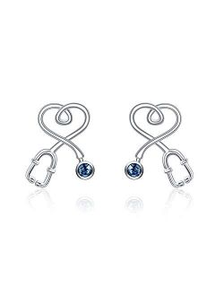 Nurse Earrings Heart Studs Sterling Silver Stethoscope Earrings Simulated Birthstone Crystals, Fine Jewelry Gifts for Nurse Doctor RN Medical Student