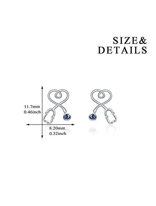 Nurse Earrings Heart Studs Sterling Silver Stethoscope Earrings Simulated Birthstone Crystals, Fine Jewelry Gifts for Nurse Doctor RN Medical Student