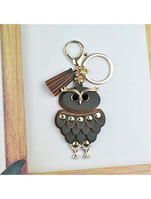 Azurastone Cute Rhinestone Leather Tassel Owl Birds Keychain for Women Girls Purse Bag Charms Car Accessories Gift