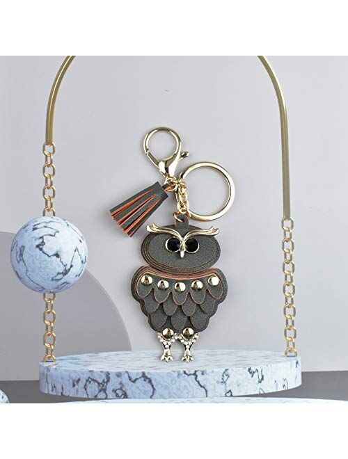 Azurastone Cute Rhinestone Leather Tassel Owl Birds Keychain for Women Girls Purse Bag Charms Car Accessories Gift