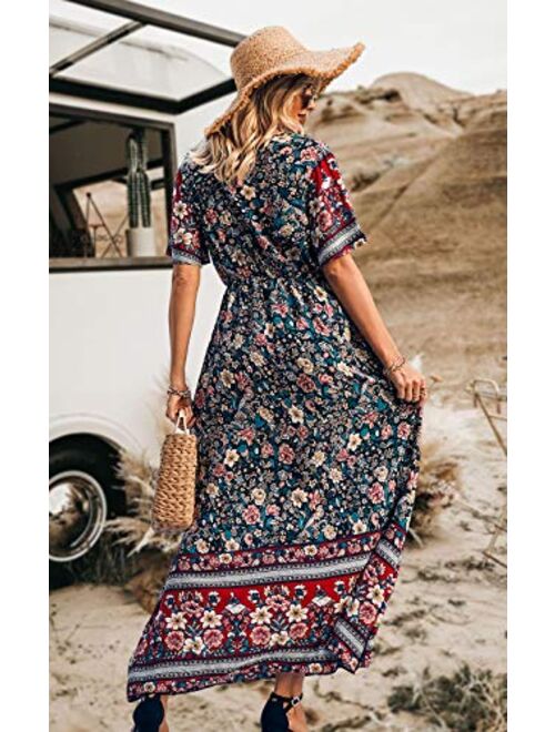 PRETTYGARDEN Women's Casual Floral Print V Neck Short Sleeve Summer Boho Beach Dress High Waist Long Maxi Dresses