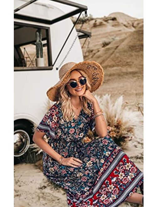 PRETTYGARDEN Women's Casual Floral Print V Neck Short Sleeve Summer Boho Beach Dress High Waist Long Maxi Dresses