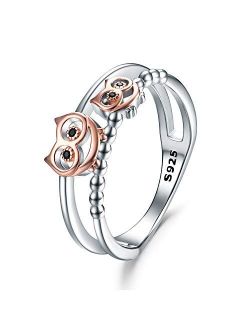 WIINNICACA S925 Sterling Silver Rose Gold Owls Ring - Animal Owl Jewelry Gifts for Women Owl Lovers Birthday