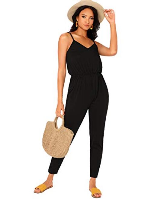 DIDK Women's Spaghetti Strap V Neck Sleeveless Solid Cami Jumpsuits