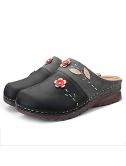 gracosy Clogs Shoes for Women, Summer Leather Slippers Loafers Slip on Comfort Mules Antil Slip Beach Slippers Ladies Flowers Sandals