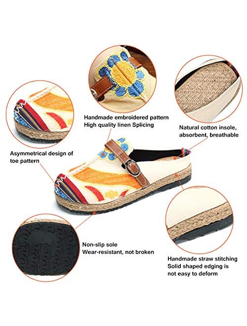 Women's Mule Breathable Flat Espadrilles Shoes Slip on Slippers Summer Sandals Closed Toe Outdoor Walking Driving Shoes Chinese Embroidery Espadrilles Garden Clogs House 