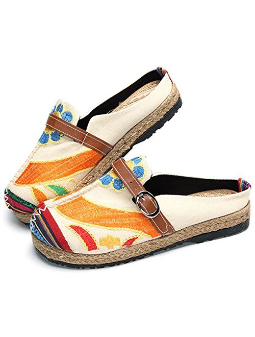 Women's Mule Breathable Flat Espadrilles Shoes Slip on Slippers Summer Sandals Closed Toe Outdoor Walking Driving Shoes Chinese Embroidery Espadrilles Garden Clogs House 
