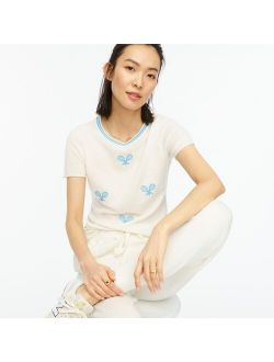Short-sleeve cashmere T-shirt with tennis embroidery