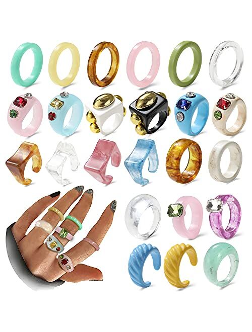 Resin Chunky Rings Set for Women Girls,Colorful Acrylic Retro Finger Ring Dome Stackable Rings Trendy Plastic Y2K Ring Jewlery Gift