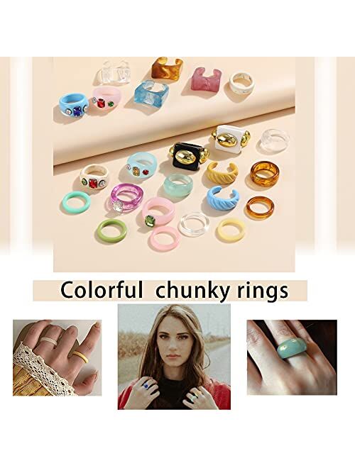 Resin Chunky Rings Set for Women Girls,Colorful Acrylic Retro Finger Ring Dome Stackable Rings Trendy Plastic Y2K Ring Jewlery Gift