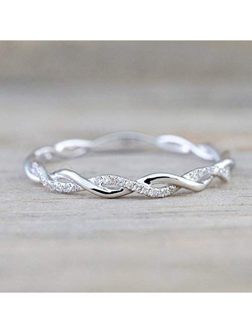 Fashion Ring Sterling Silver Plated Stack Twisted Ring Twist Ring Stackable Diamond Rings for Women Girls (10)
