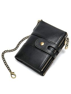Genuine Leather Soft Bifold Rfid Wallets for Men Coin Purse Keychain Snap Zip Wallet with Chain