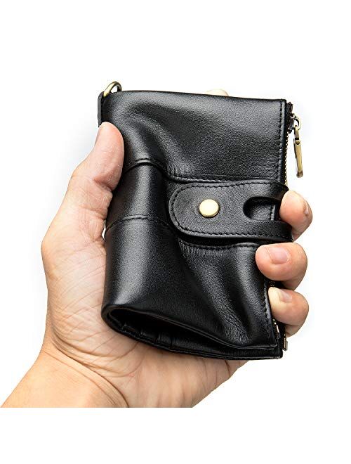 Genuine Leather Soft Bifold Rfid Wallets for Men Coin Purse Keychain Snap Zip Wallet with Chain