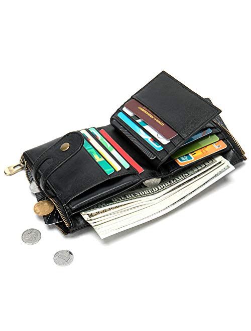 Genuine Leather Soft Bifold Rfid Wallets for Men Coin Purse Keychain Snap Zip Wallet with Chain