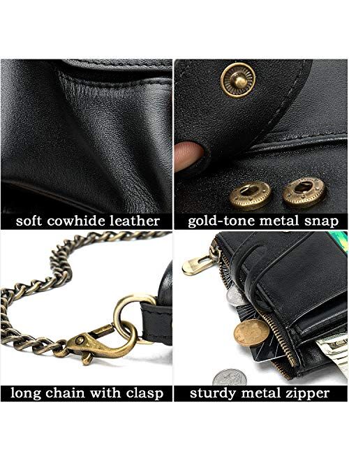 Genuine Leather Soft Bifold Rfid Wallets for Men Coin Purse Keychain Snap Zip Wallet with Chain