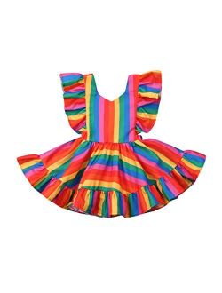 Toddler Infant Baby Girls Rainbow Dress Ruffle Backless Casual Summer Sundress