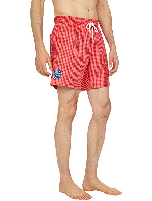 Lacoste Checked Boxed Swimming Trunks with Badge on Right